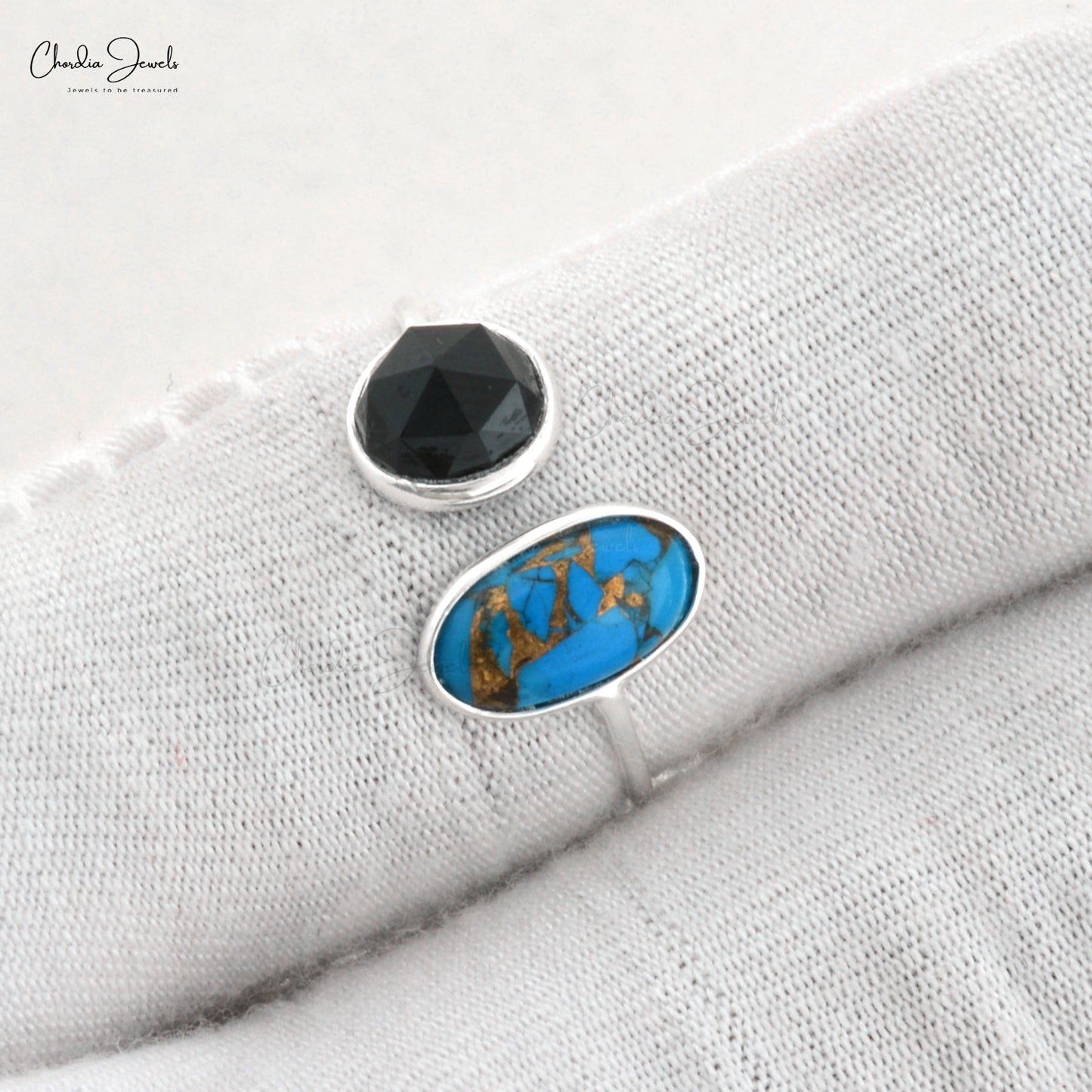 925 Sterling Silver Turquoise and Black Onyx Open Cuff Ring