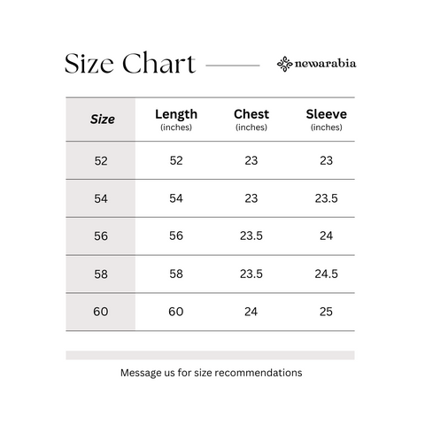 Newarabia Emirati/Saudi Thobes Size Chart