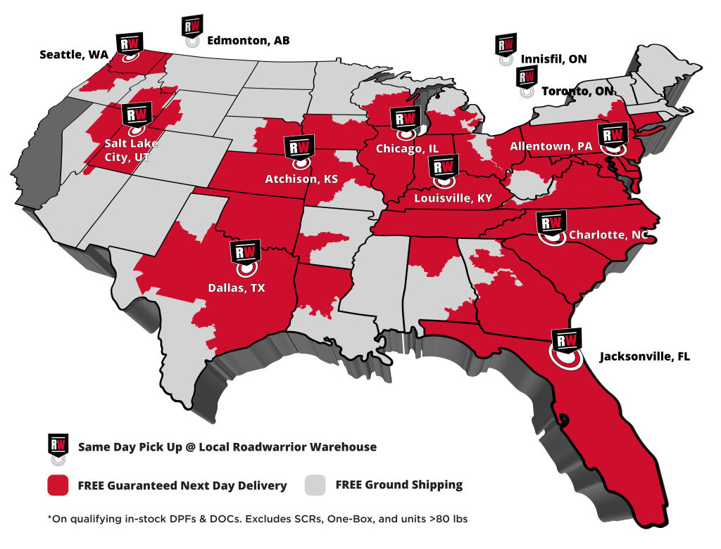 RW freight map showing next day and local pickup warehouse locations.