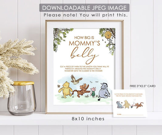 Classic Winnie Baby Shower Games How Big Is Mommy's Belly Game Sign and String Card for 50 Guests for Party Birthday Winnie Baby Shower Decorations