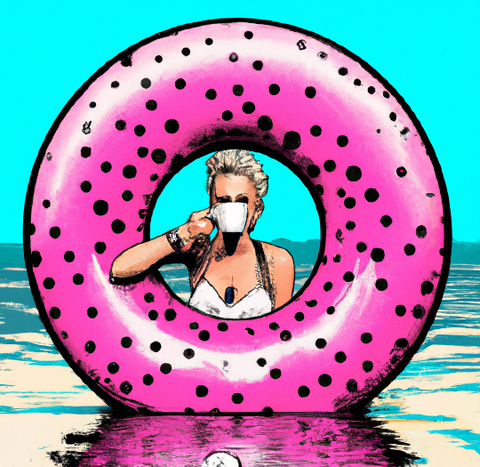 Woman drinking coffee with rubber ring in the sea