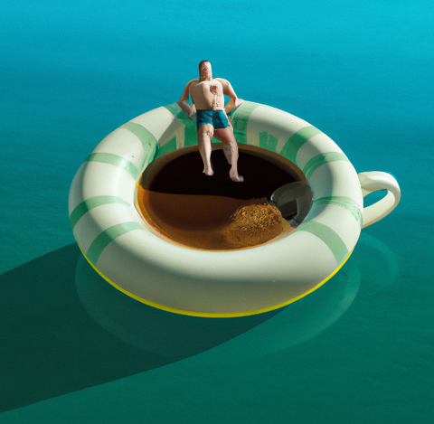 Man in a rubber ring shaped like a coffee cup