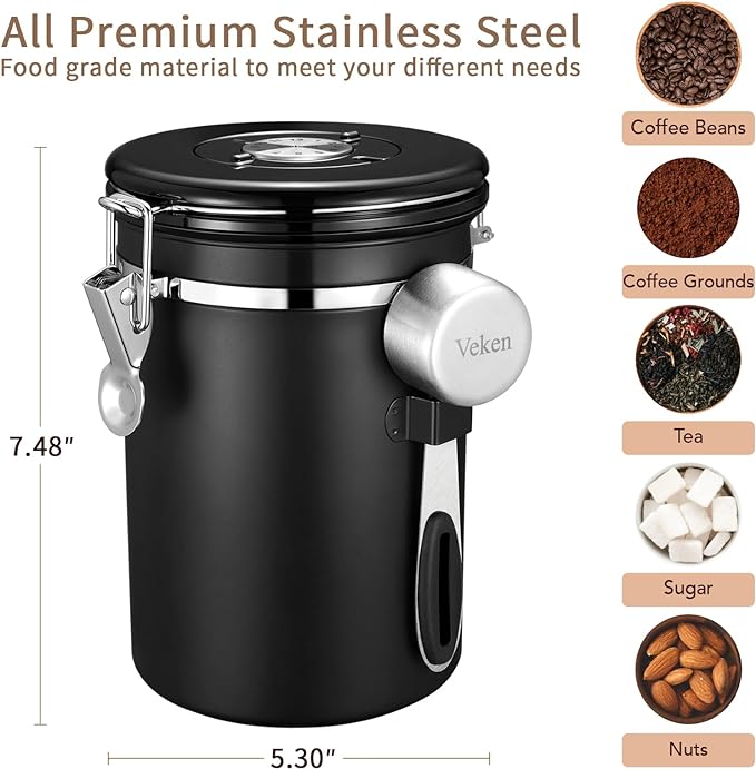 Barvivo Brushed Steel Coffee Canister - Airtight, Date Tracker & Measuring  Scoop 