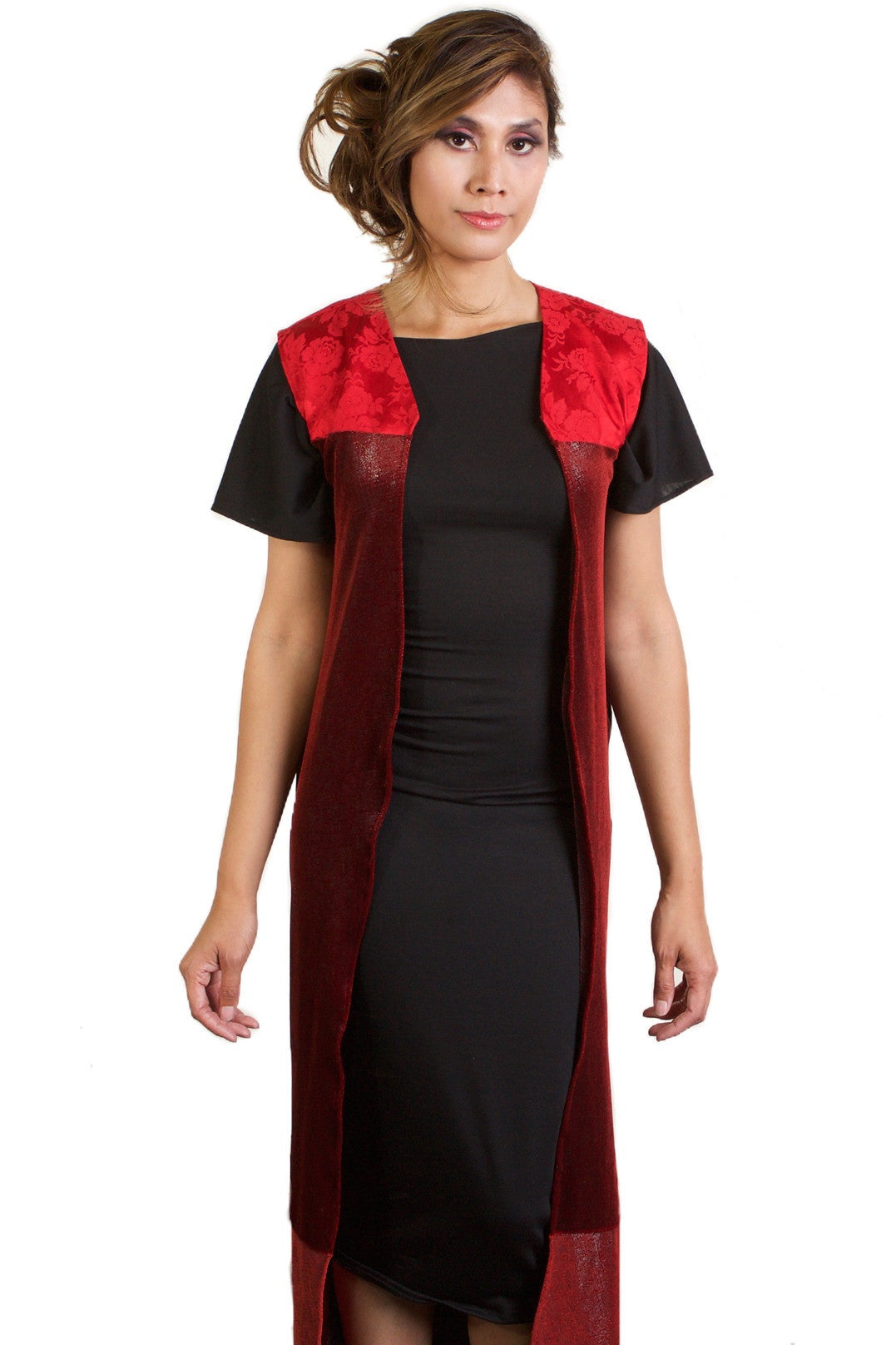 Red And Black Open Vest Style Floor Length Cardigan