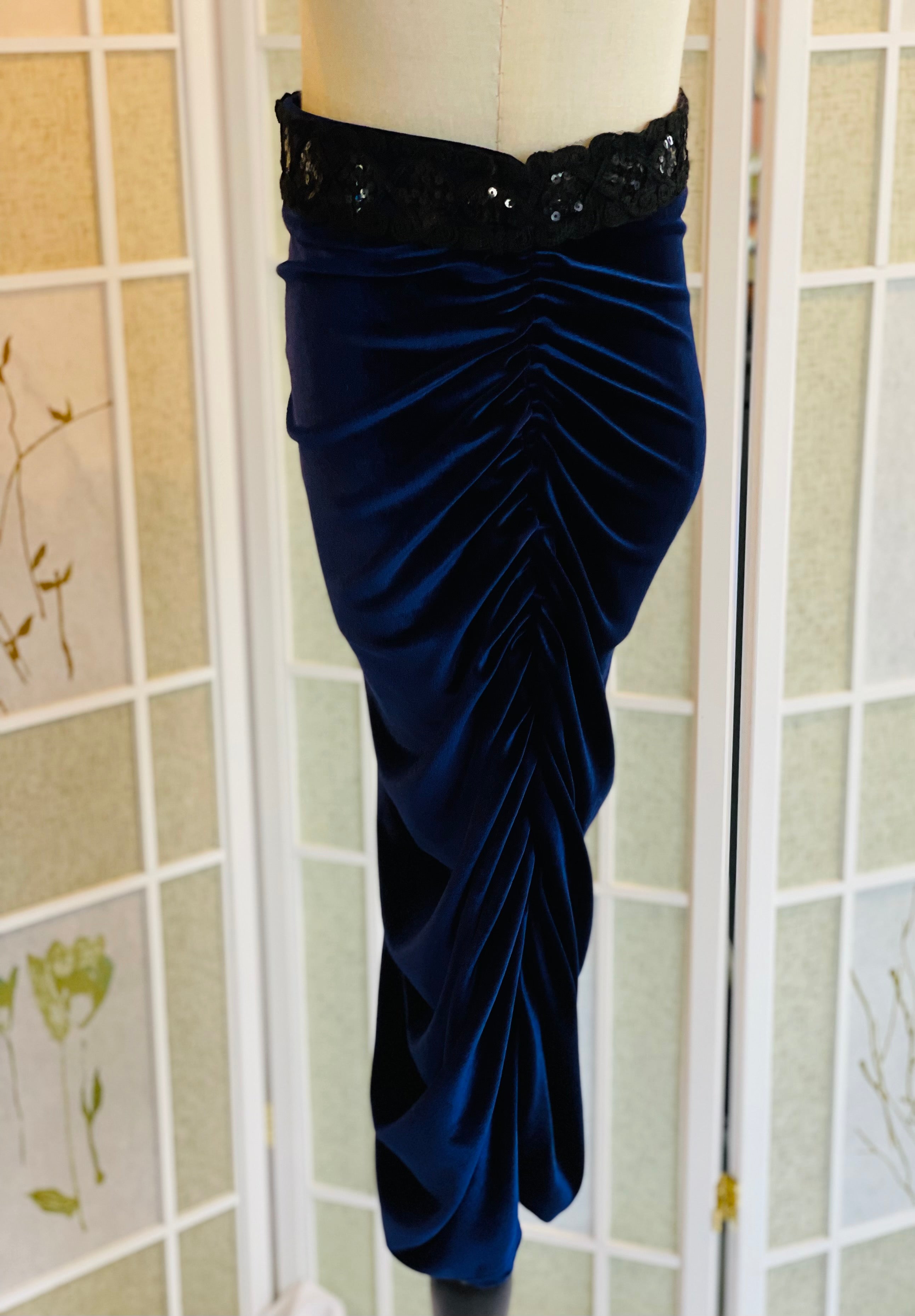 Blue velvet ruched skirt with black lace waistband