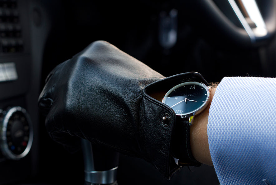 The vanacci carbon fiber watch worn in a sports car 