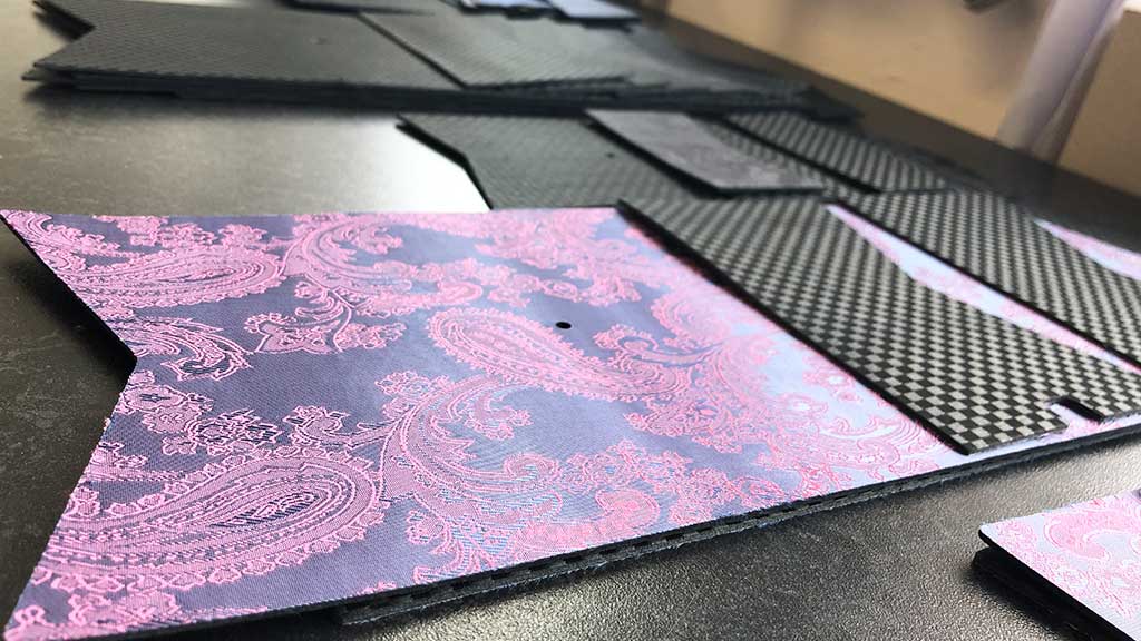 Purple paisley lined leather layout for Traveller Pioneer wallet
