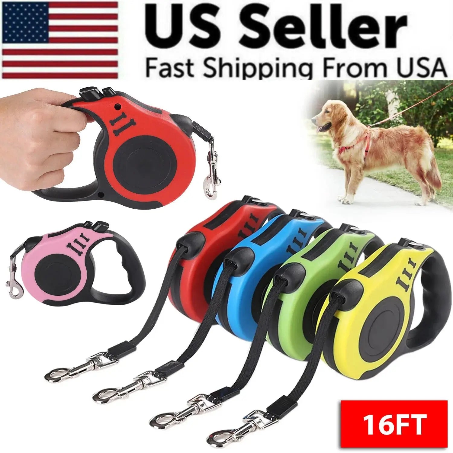 16.5FT Automatic Retractable Dog Leash Pet Collar