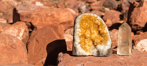 citrine crystals on a red rock in Sedona Arizona