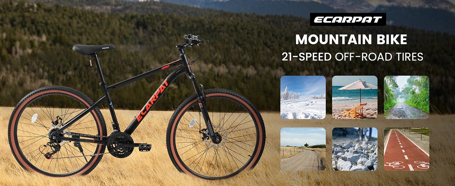 24 Inch Mountain Bike, 21-Speed Disc/V-Brake, Mens Womens Bicycles, Carbon Steel Frame Commuter City Snow Beach Mountain Bikes, Front Suspension