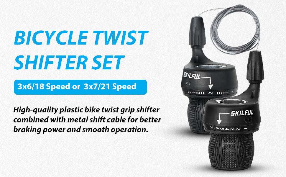 Bicycle Twist Shifter Set with 3x7 Speed Bike Shift Lever and 1 Pair Non-Slip Rubber Bike Handle Bar Grips for Mountain Bicycle