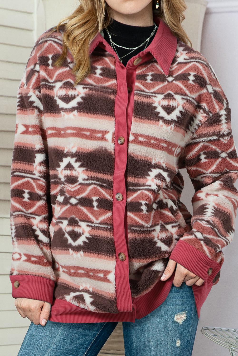 Pink Geometric Pattern Sherpa Corduroy Trim Jacket