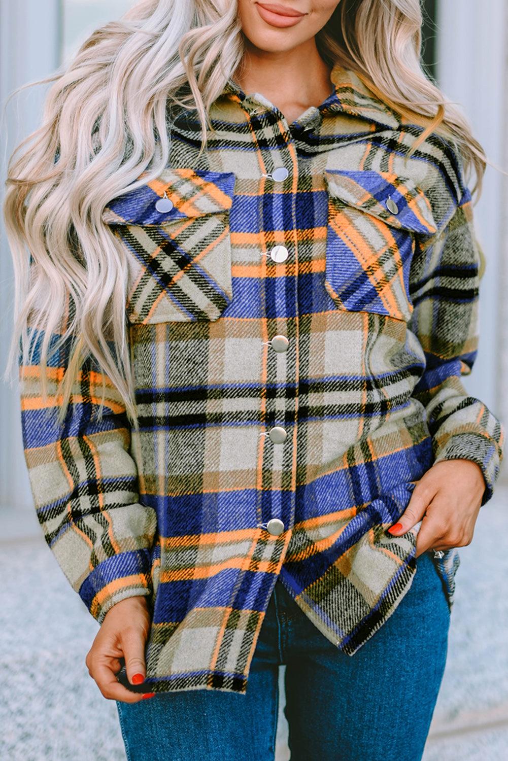 Blue Button Up Flannel Shacket with Flap Pocket