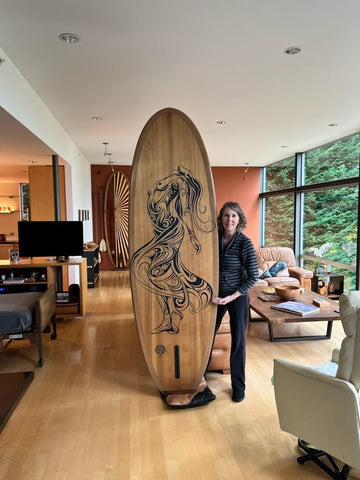 Ventana wooden paddle board with art overlay