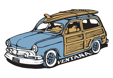 Ventana Surfboard on Woodie Car