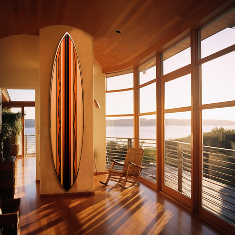 AI-generated living room + wooden surfboard inspired by Frank Lloyd Wright - Midjourney + Photoshop