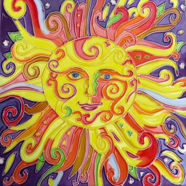 Ceramic Sun Face Tile 8x8 | Sun Wall Decor | Colorful Sun Face Plaque - The Birdhouse Chick