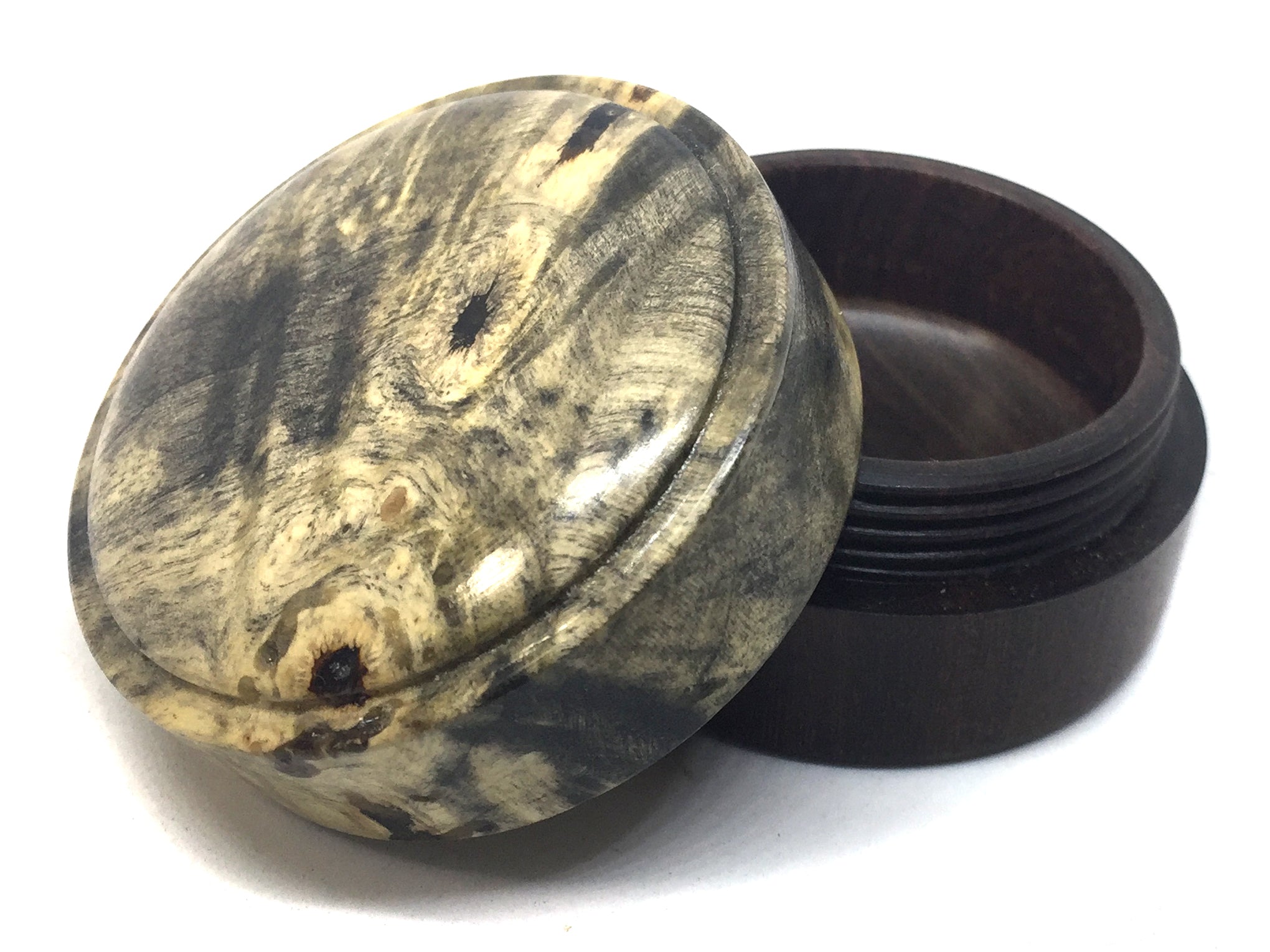 LV-4695 Buckeye Burl cap with Suriname Ironwood  Flat Box for Ring, Jewelry, Pills-SCREW CAP