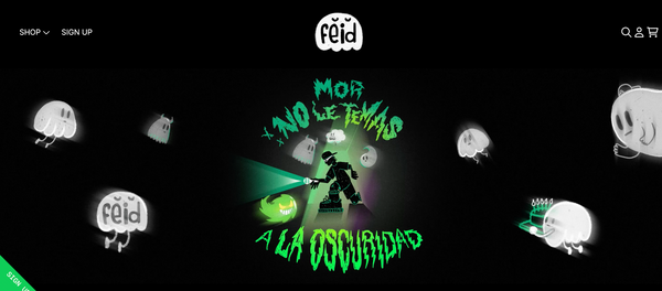 Feid ecommerce store, with an animated man with a torch and cartoon ghosts.