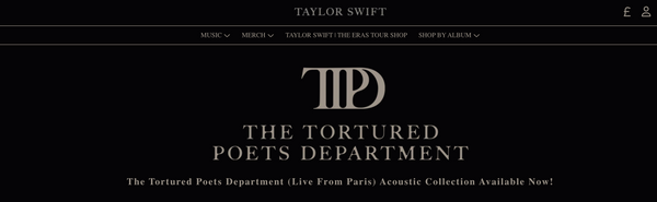 A dark background, with sepia toned merch, and TTPD written on the top.