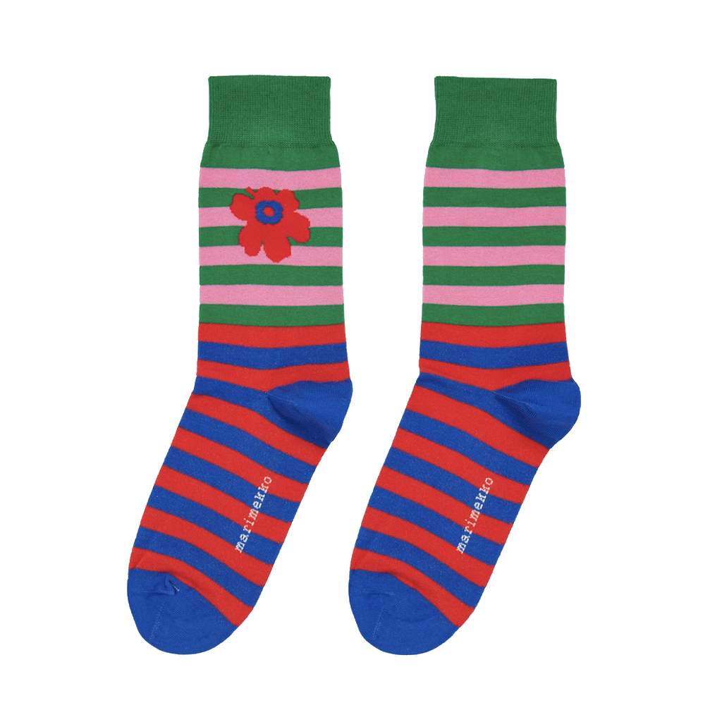 Marimekko Kasvaa Tasaraita Unikko Two Socks Blue/Red/Green