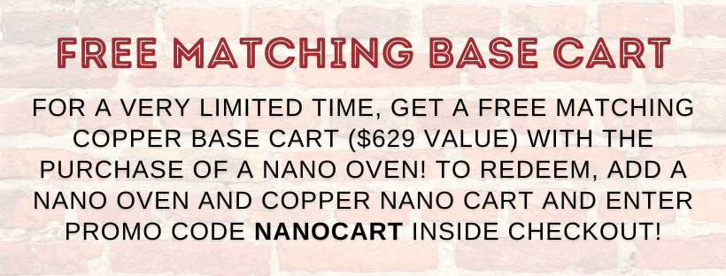 Promo banner that says you can get a free copper base cart with every ALFA Nano pizza oven purchase