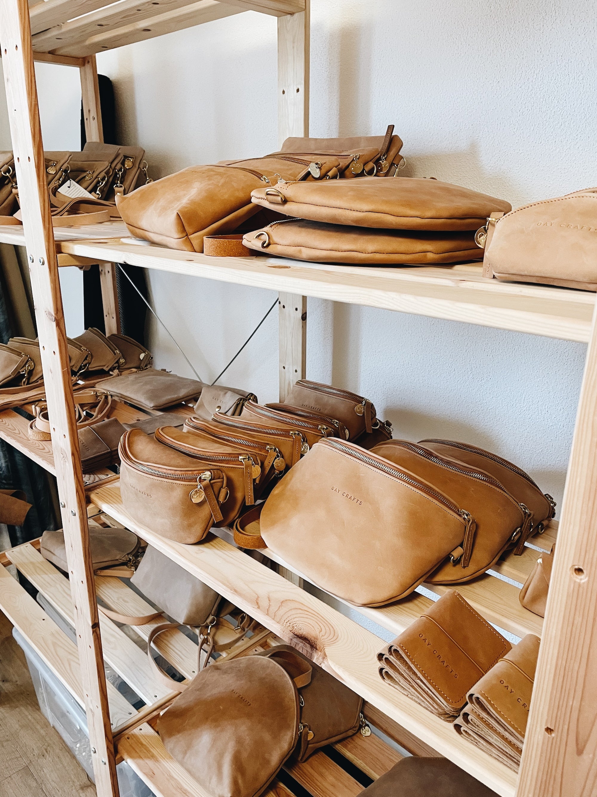 Leather bags in the OAY warehouse