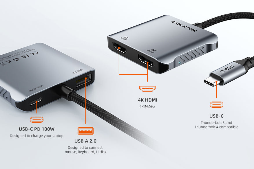 USB-C Multiport Adapter, HDMI 4K 60Hz, USB-A, 100W Charging