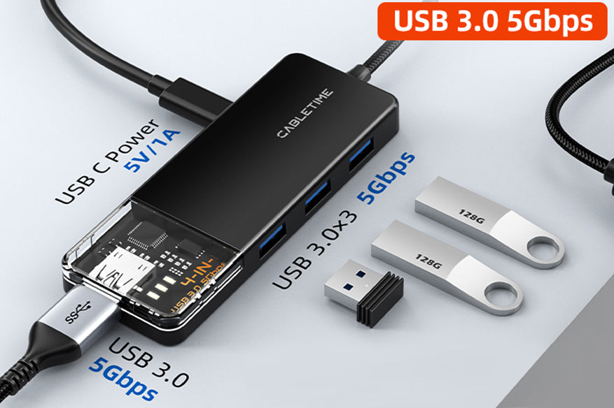 CABLETIME 4 port USB A 3.0 hub superspeed 5Gbps with Power Supply