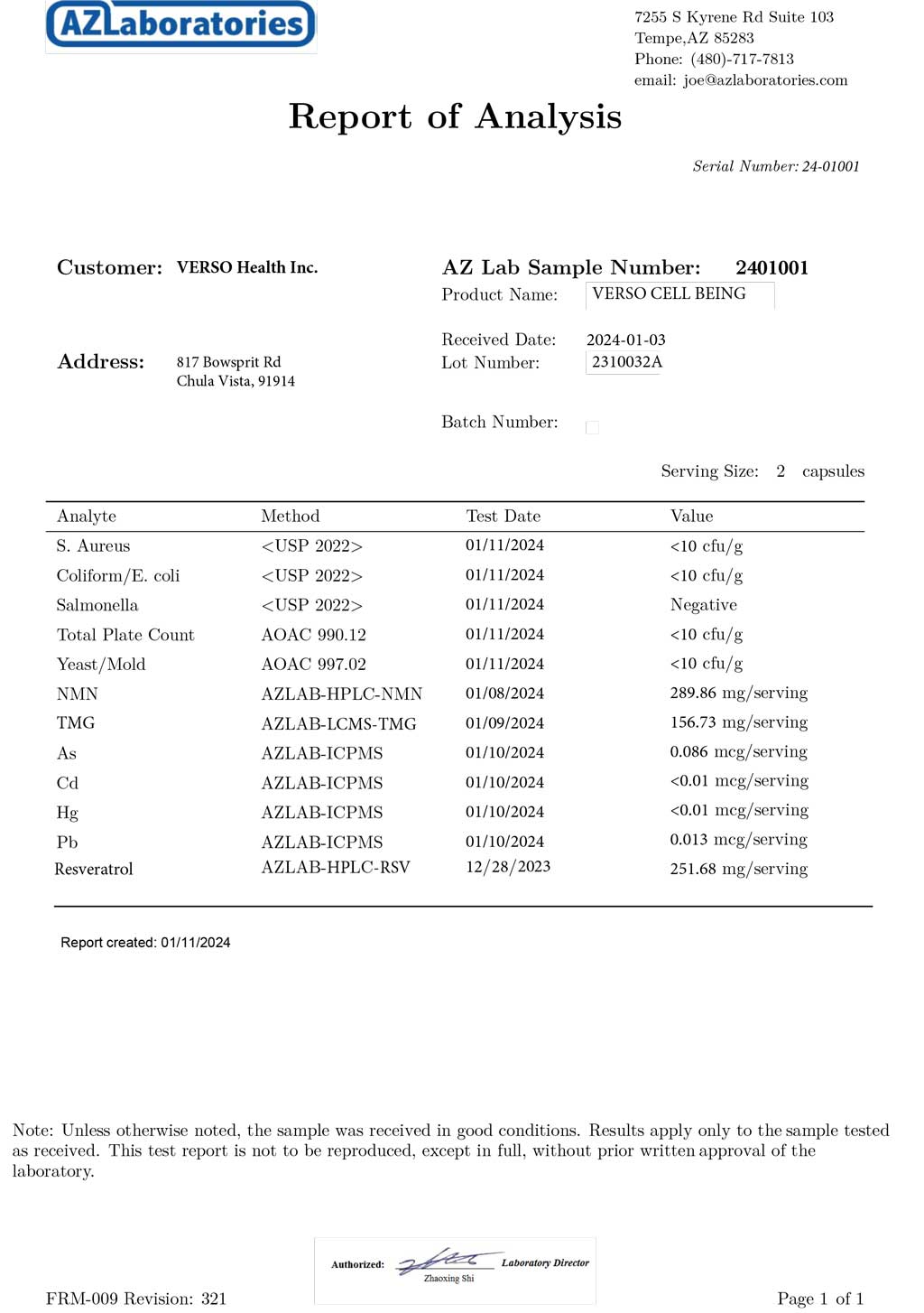 final COA testing