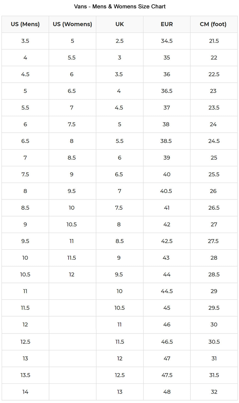 Size Charts - The Next Pair