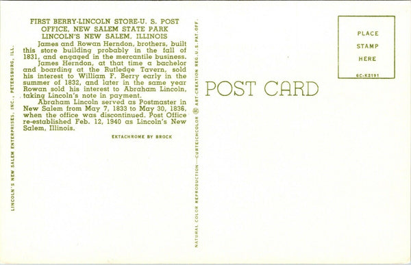 First Berry Lincoln Store US Post Office New Salem State Park Illinois Postcard