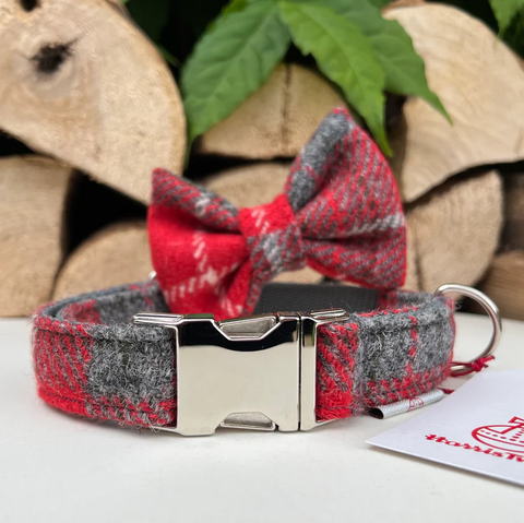 Harris Tweed® Red Grey Check Silver Tweed Dog Collar Bow & Lead Set by Hunter & Co. Dog Collars