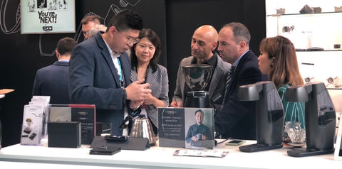 Demonstrating the app for our Jimmy smart coffee scale at HOST 2019 in Milan
