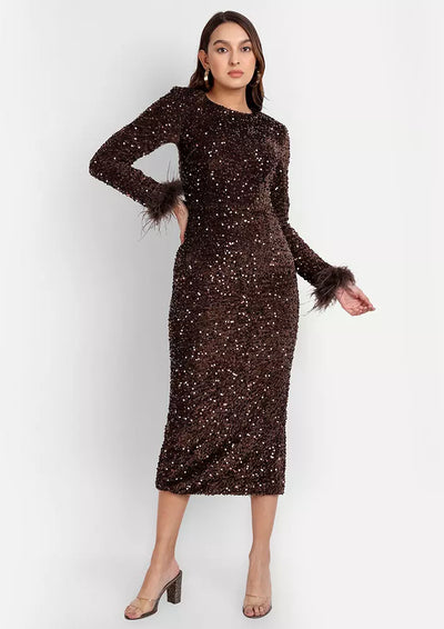 Brown Sequin High Neck With Full Sleeves With Fur Detailing Midi Dress