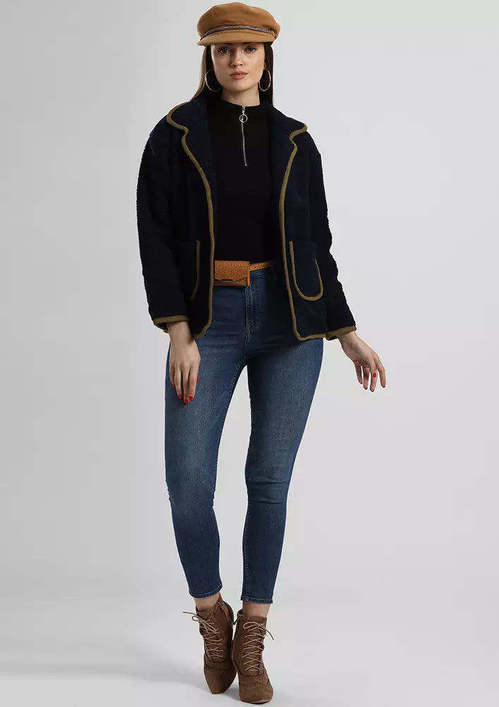 Contrast Piping Trimmed Faux Shearling Jacket