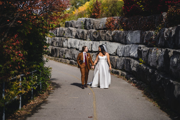 fall wedding couple walking