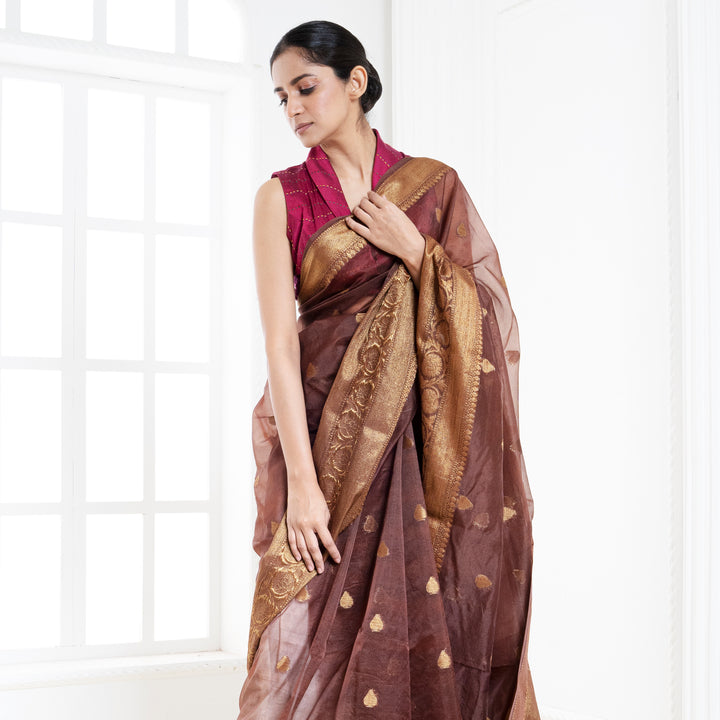 Buy House Of Begum Organza Saree Red With Rose Gold Zari With Unstitched  Blouse online