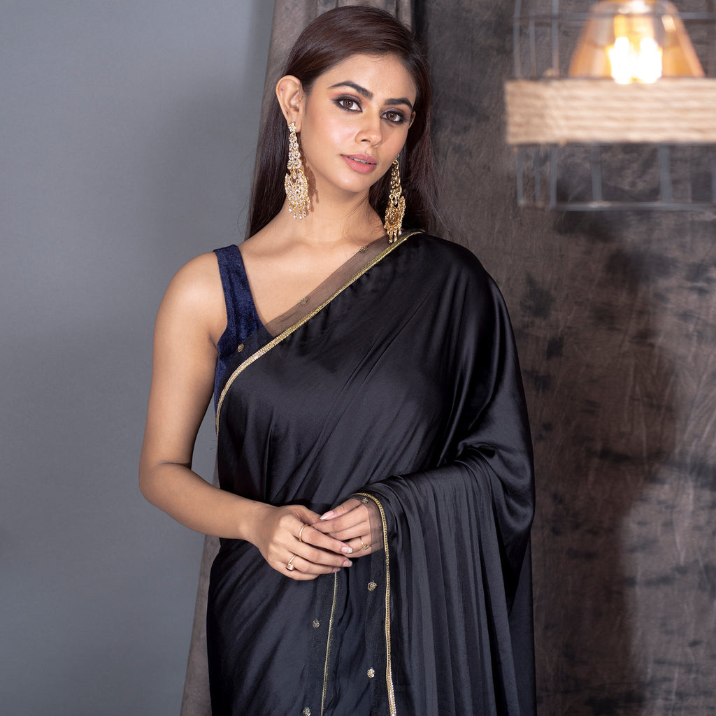 Buy Black Satin Saree With Hand Embroidered Blouse With Fringes On The Hem  KALKI Fashion India