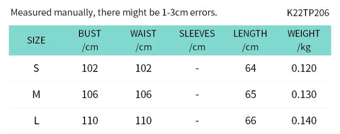 Size Chart of Sleeveless Loose Tops Women