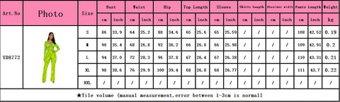 Stylish Mesh Top and Pant Set Size Chart