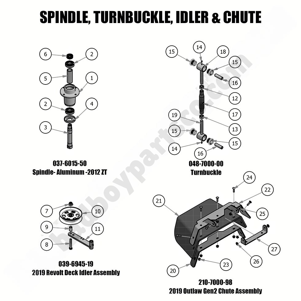 Spindle, Turnbuckle, Idler & Chute