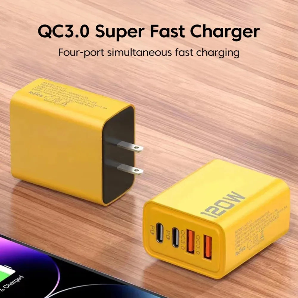 Total 120W 4 Port USB Type C Charger Fast Charging Data Cable USB Phone Charger Adapter for Samsung IPhone Xiaomi Wall Charger - Woof Glow Gear