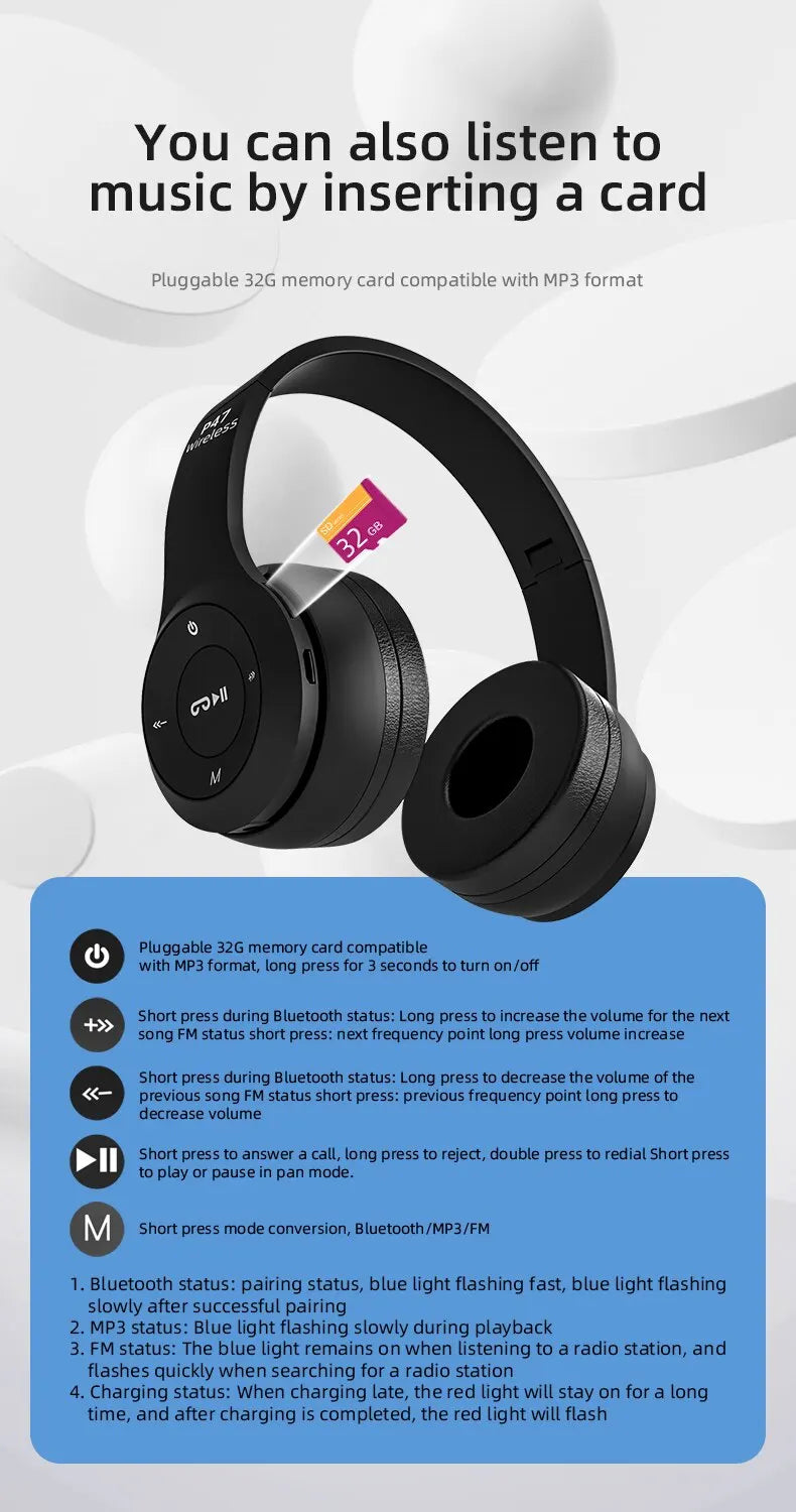 Stereo P47 Headset 5.0 Bluetooth Headset Folding Series Wireless Sports Game Headset for iPhone XiaoMi - Woof Glow Gear