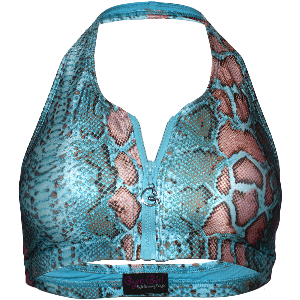 Inspired Activewear | Halter Sports Bra in Blue Snake | Gym Girl