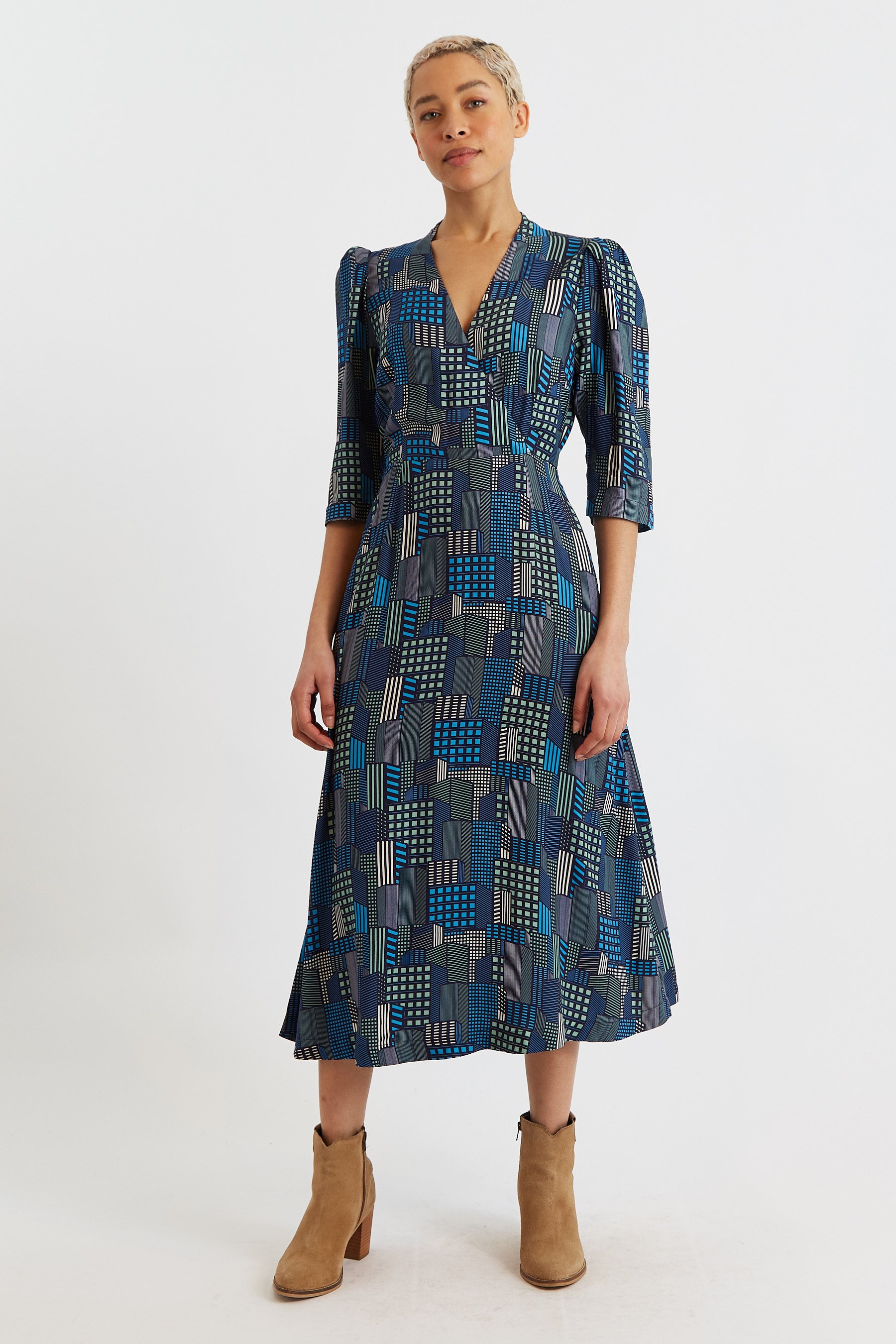 Metea Geo City Print Faux Wrap Midi Dress product