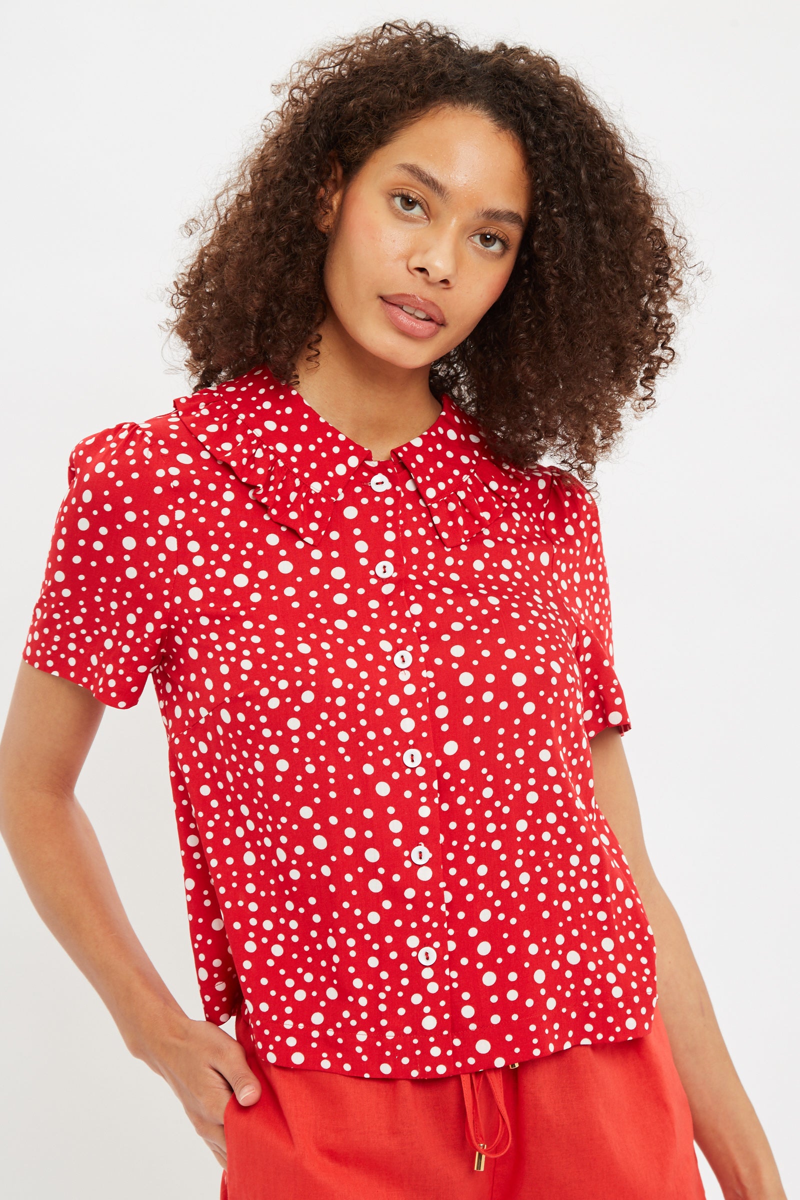 Louche Padma Spot It Print Ruffle Collar Short Sleeve Blouse Red product