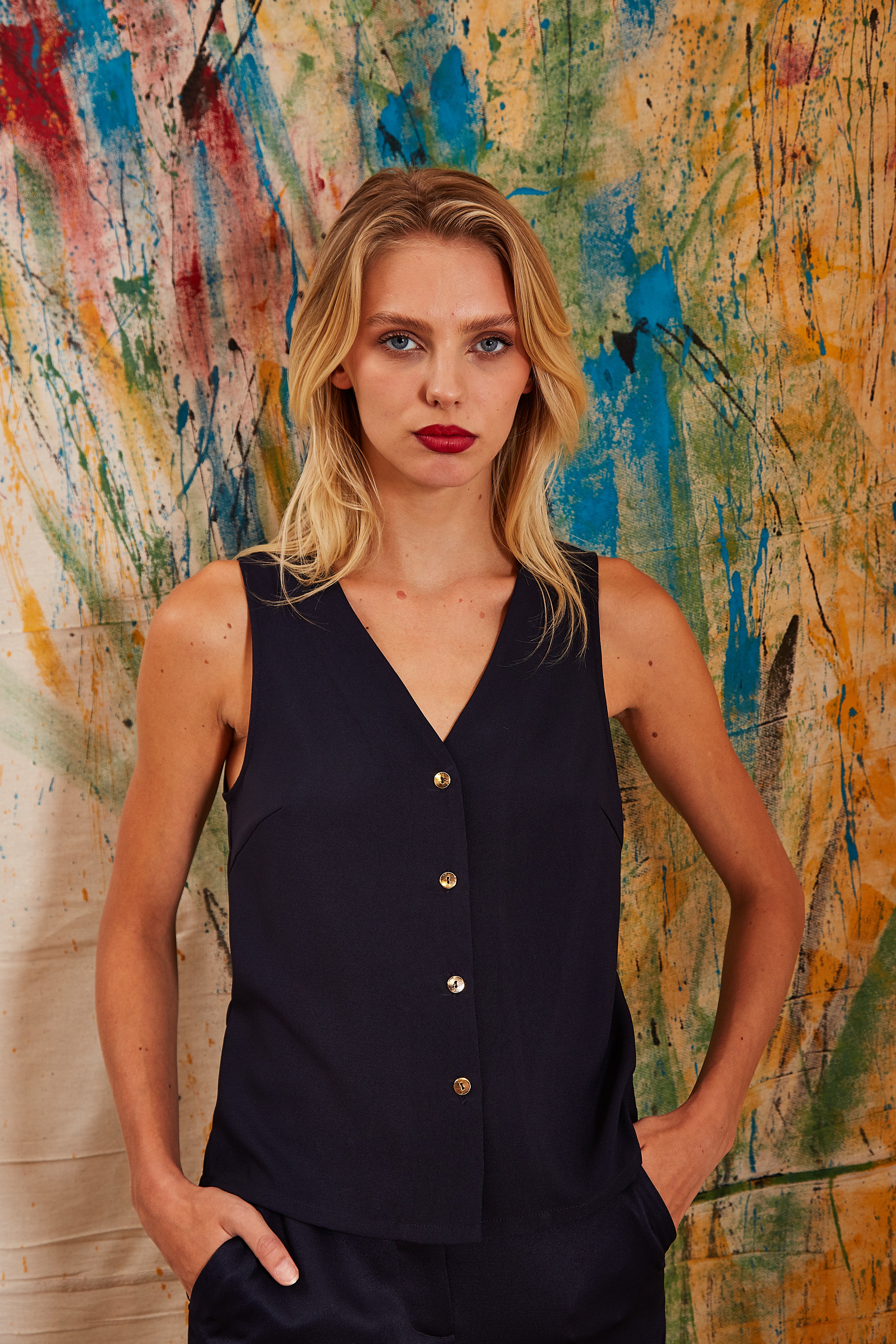 Jakson Sustainable Satin Back Crepe Waistcoat - Navy product