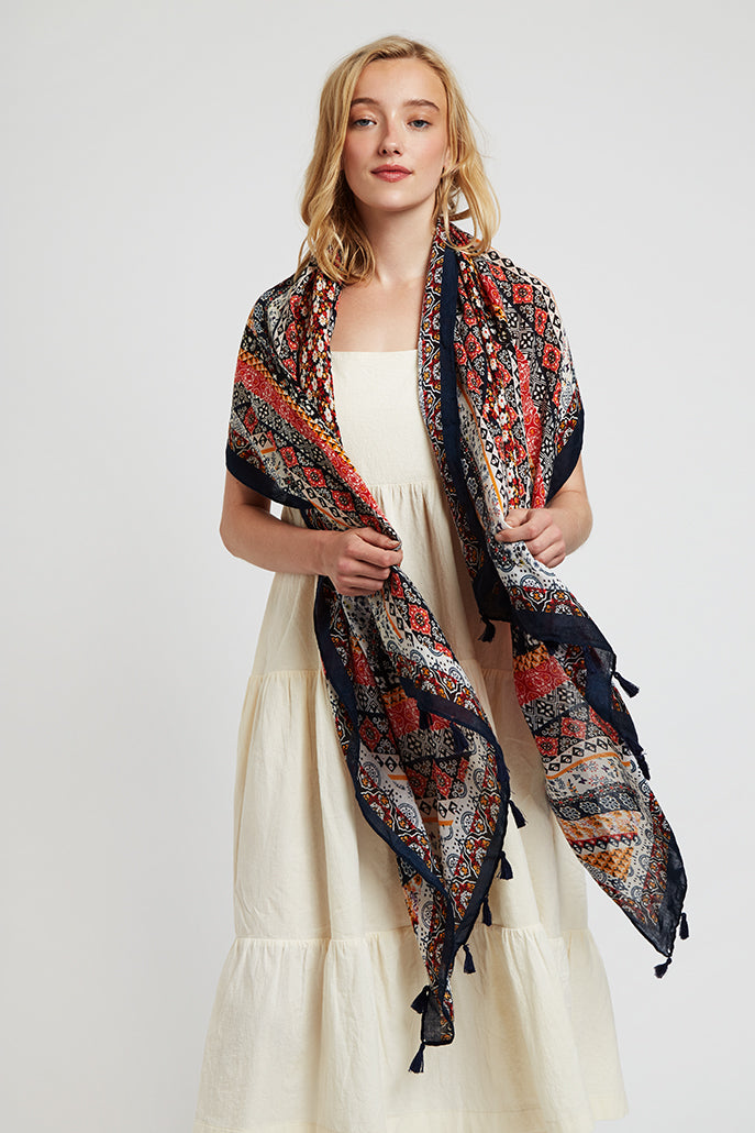 Weston Boho Floral Scarf in Red and Navy product