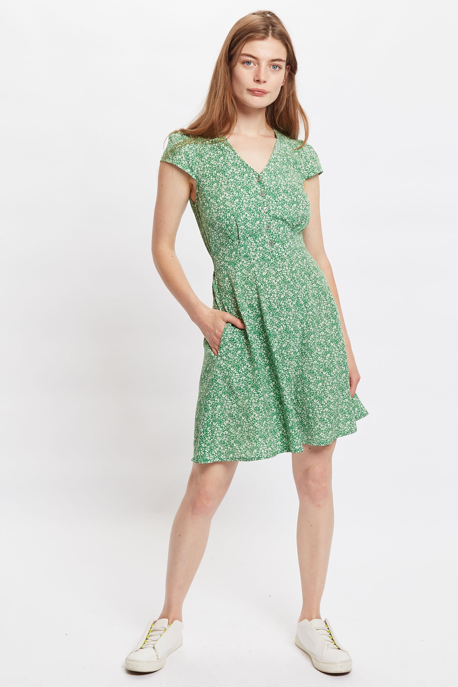 Louche Cathleen Micro Flower Print Mini Tea Dress - Green